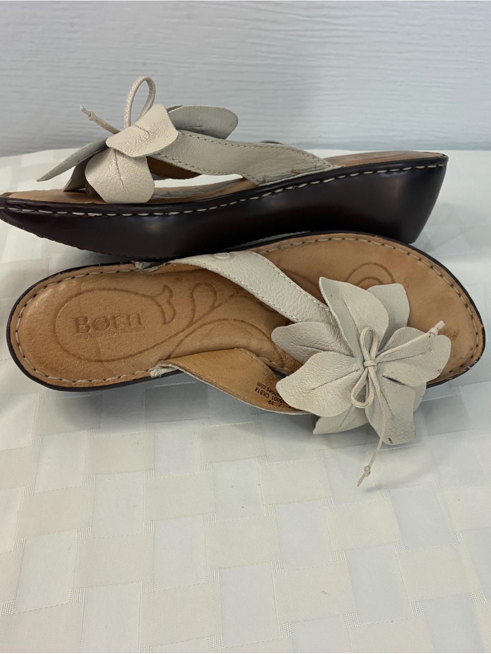 Born Beige Floral Leather Wedge Thong Sandals